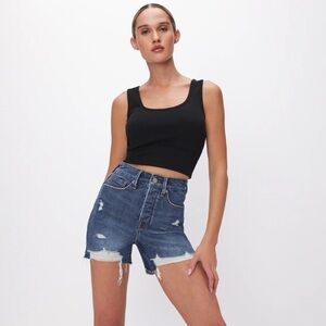 Good American Dark Blue Distressed High-Rise Denim Shorts